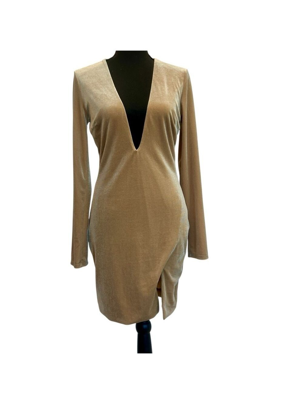 LUX LA camel tan brown velvet V-neck long sleeve mini dress bodycon cocktail L